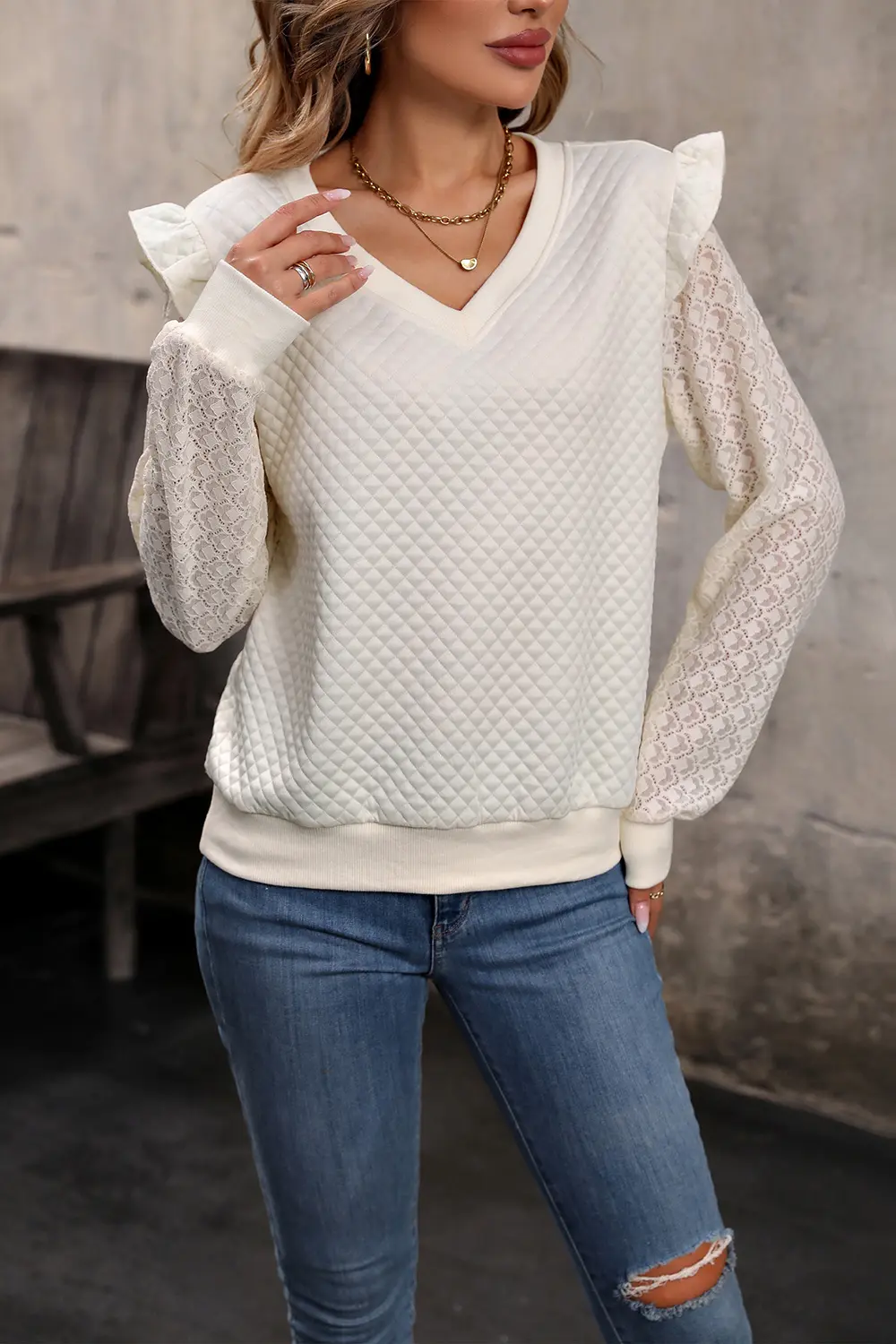 V-Neck Ruffle Trim Long Sleeve Sweatshirt, image 4