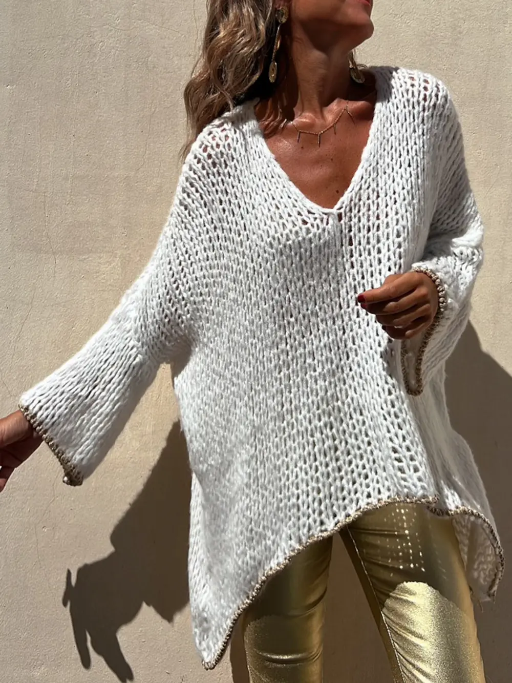 Contrast V-Neck Long Sleeve Sweater, image 4