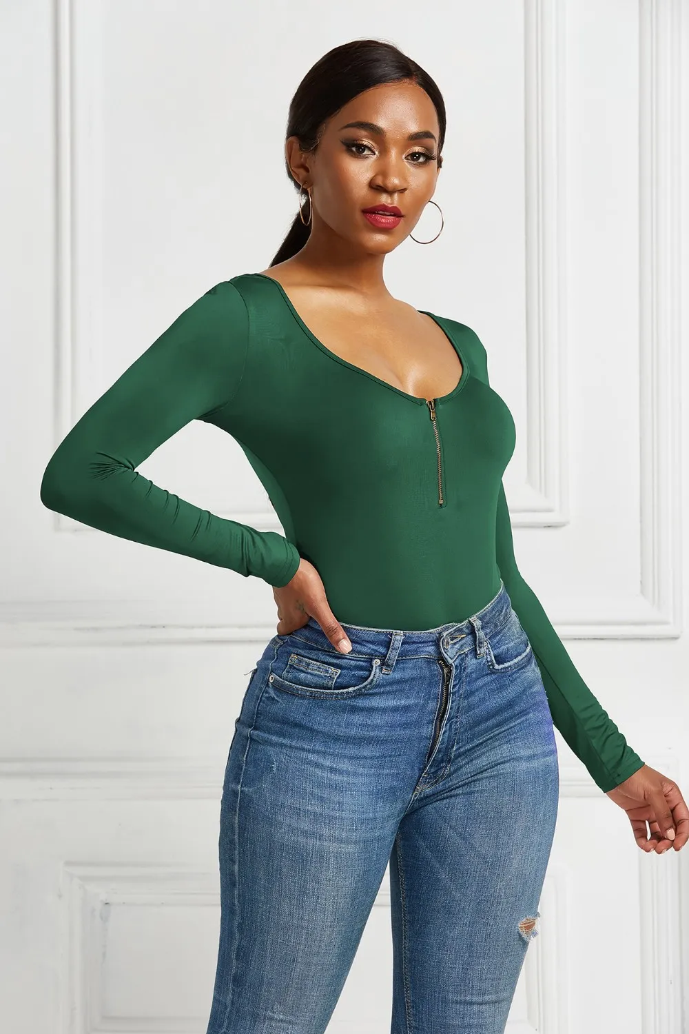 Half Zip Scoop Neck Long Sleeve Bodysuit, image 12