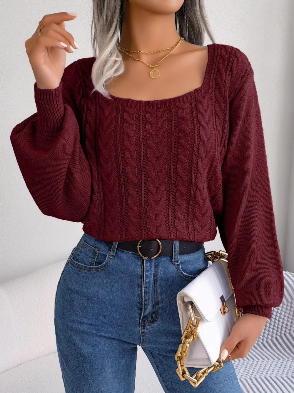 Cable-Knit Square Neck Long Sleeve Sweater, image 10
