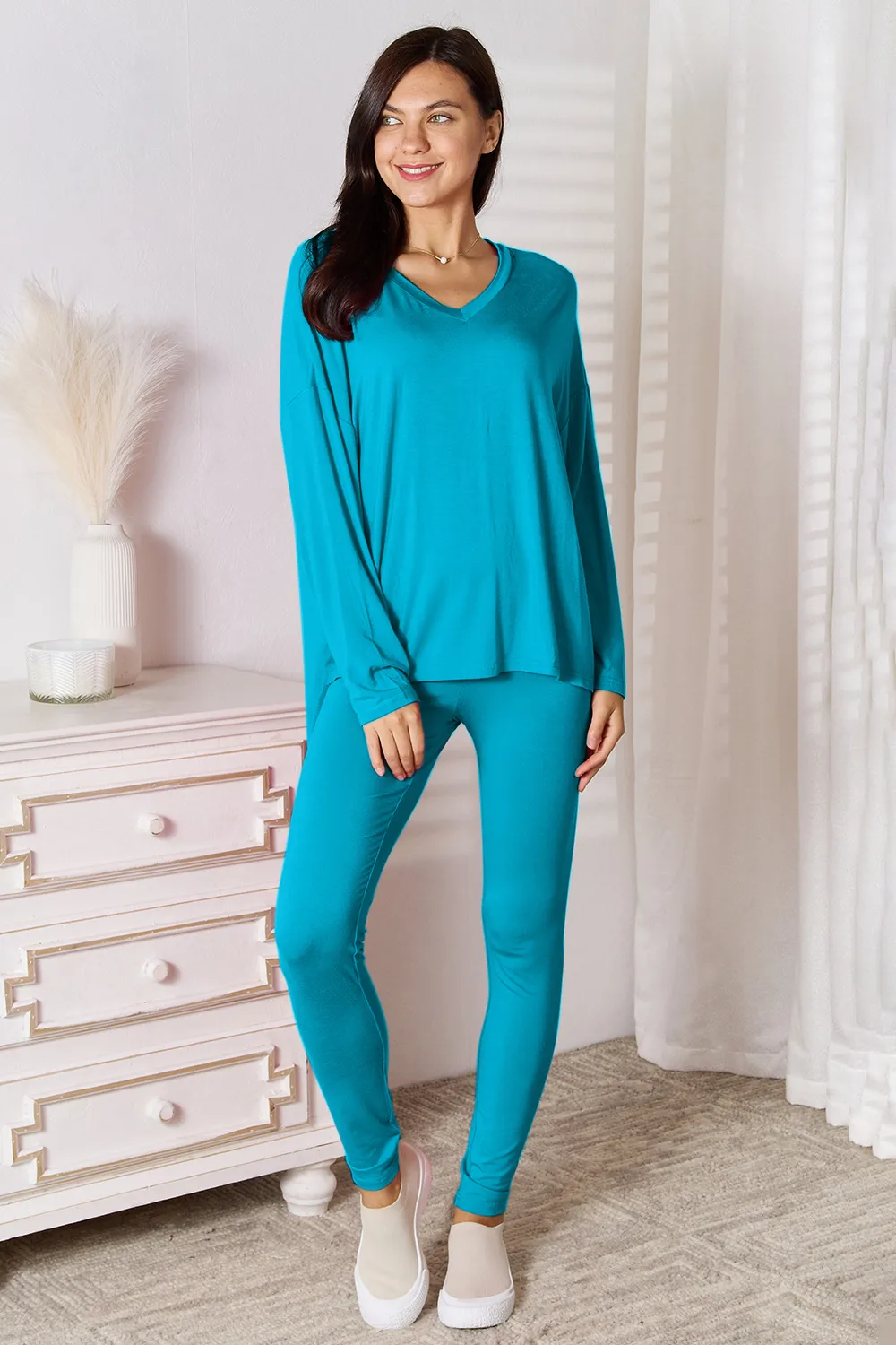 Full Size V-Neck Soft Rayon Long Sleeve Top and Pants Lounge Set, image 19