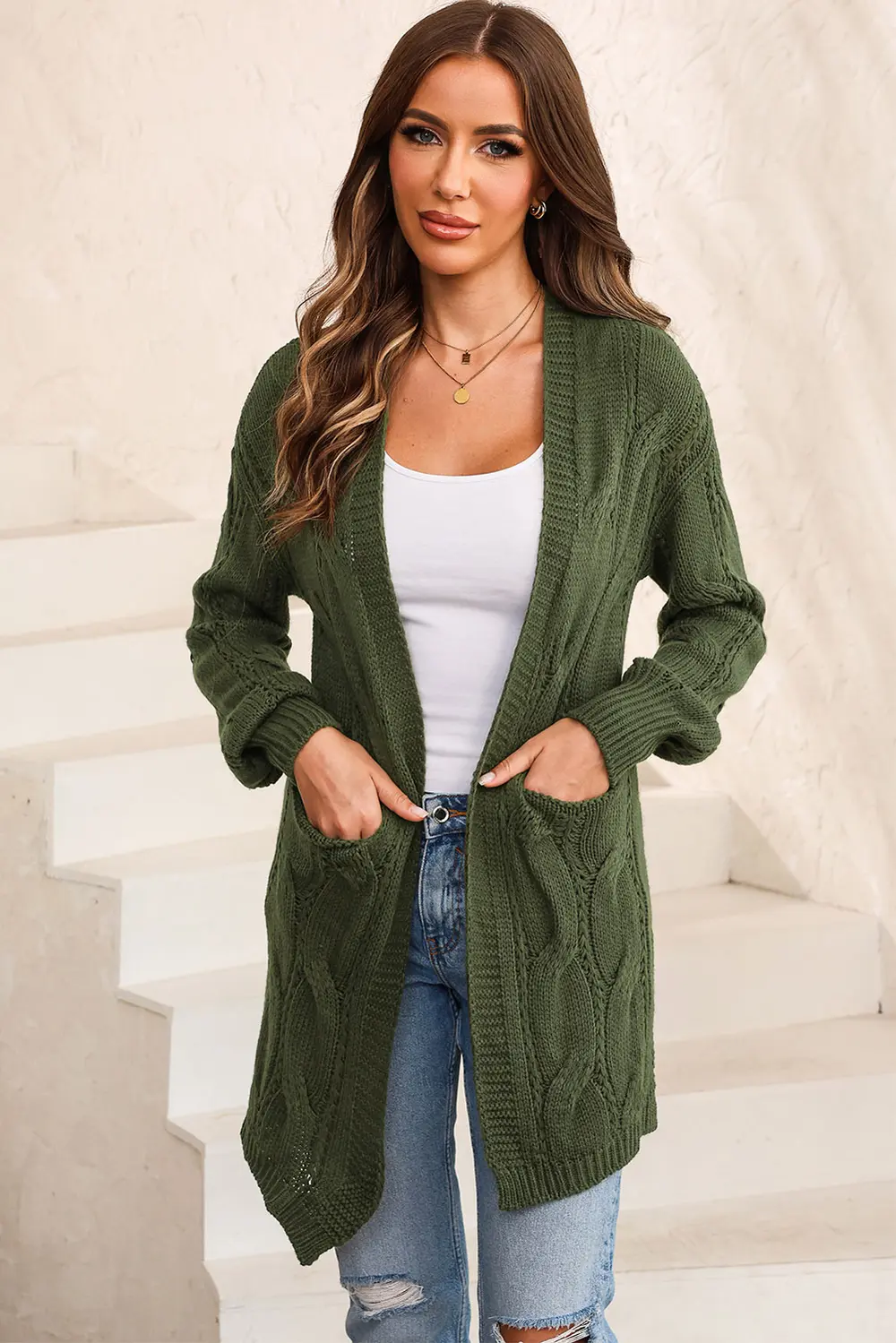Cable-Knit Dropped Shoulder Slit Cardigan, image 9