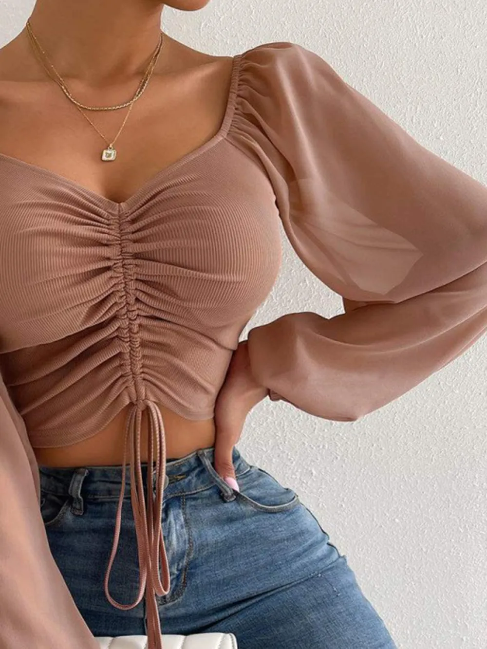 Drawstring Sweetheart Neck Cropped Top, image 32