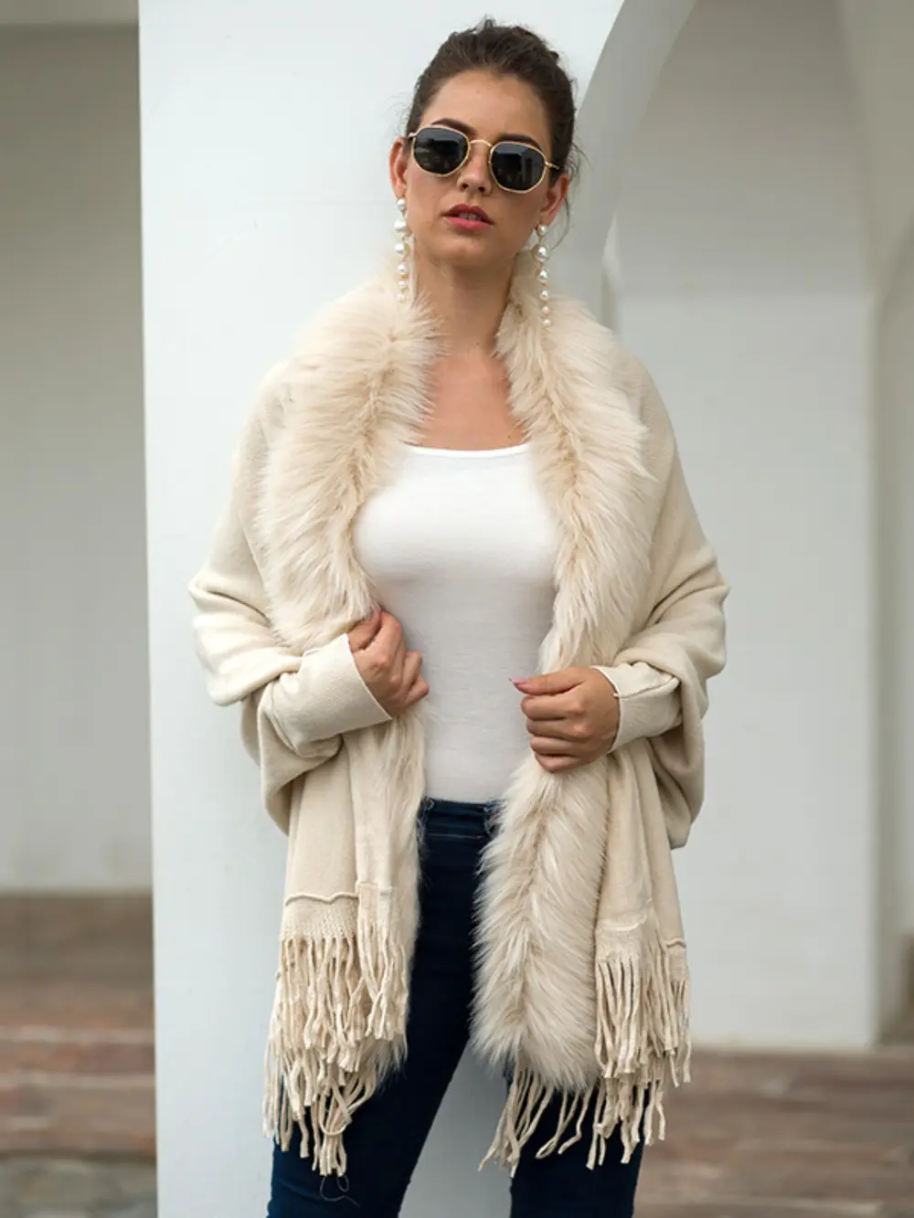 Fringe Open Front Long Sleeve Poncho, image 2
