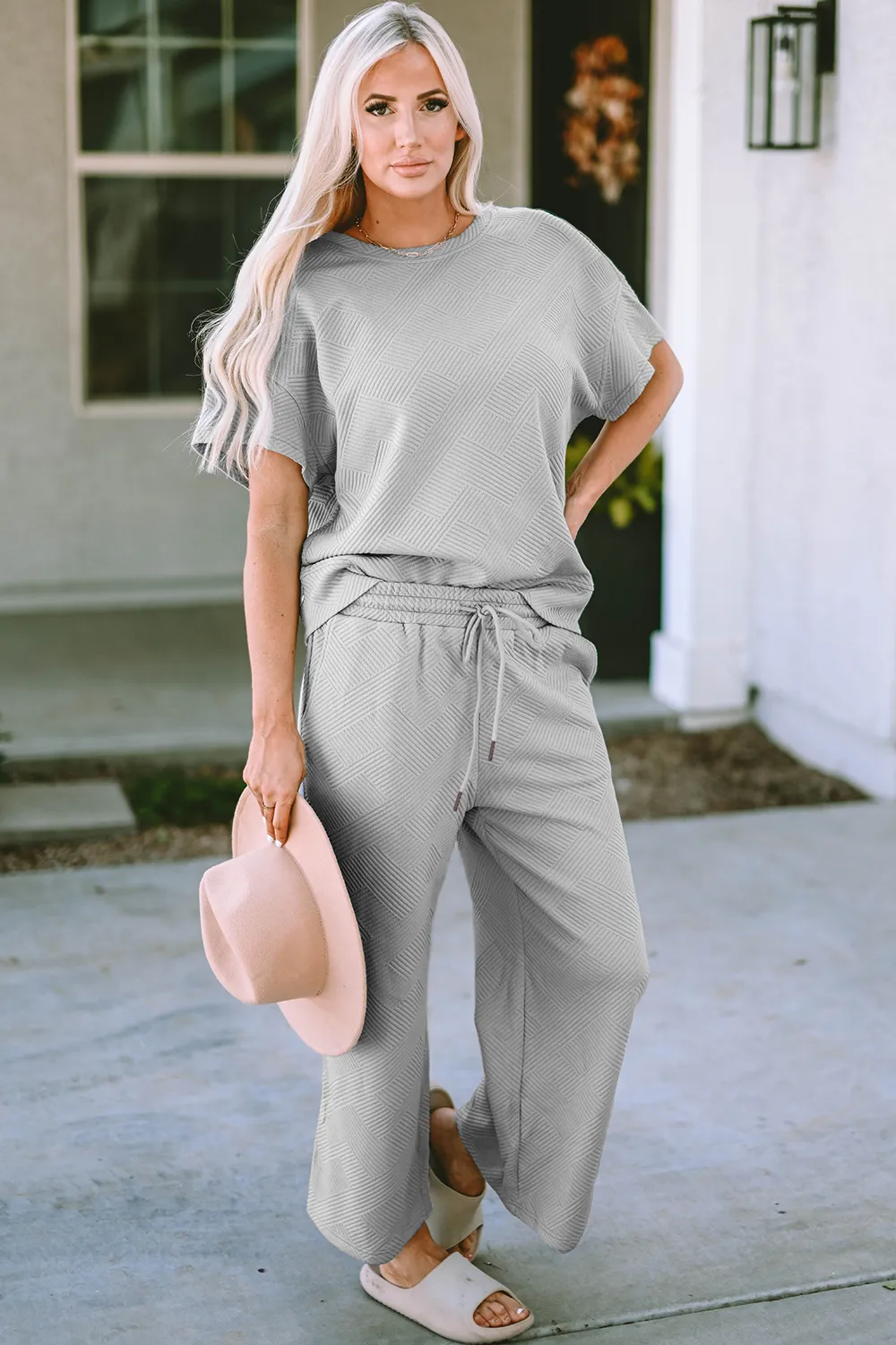 Full Size Texture Short Sleeve Top and Pants Set, image 8