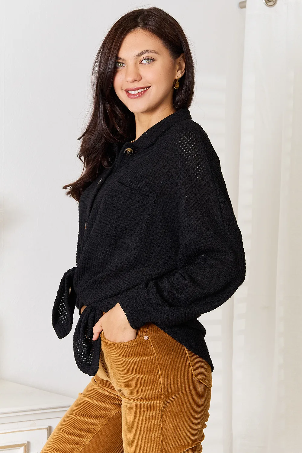Waffle-Knit Collared Neck Dropped Shoulder Shirt, image 7