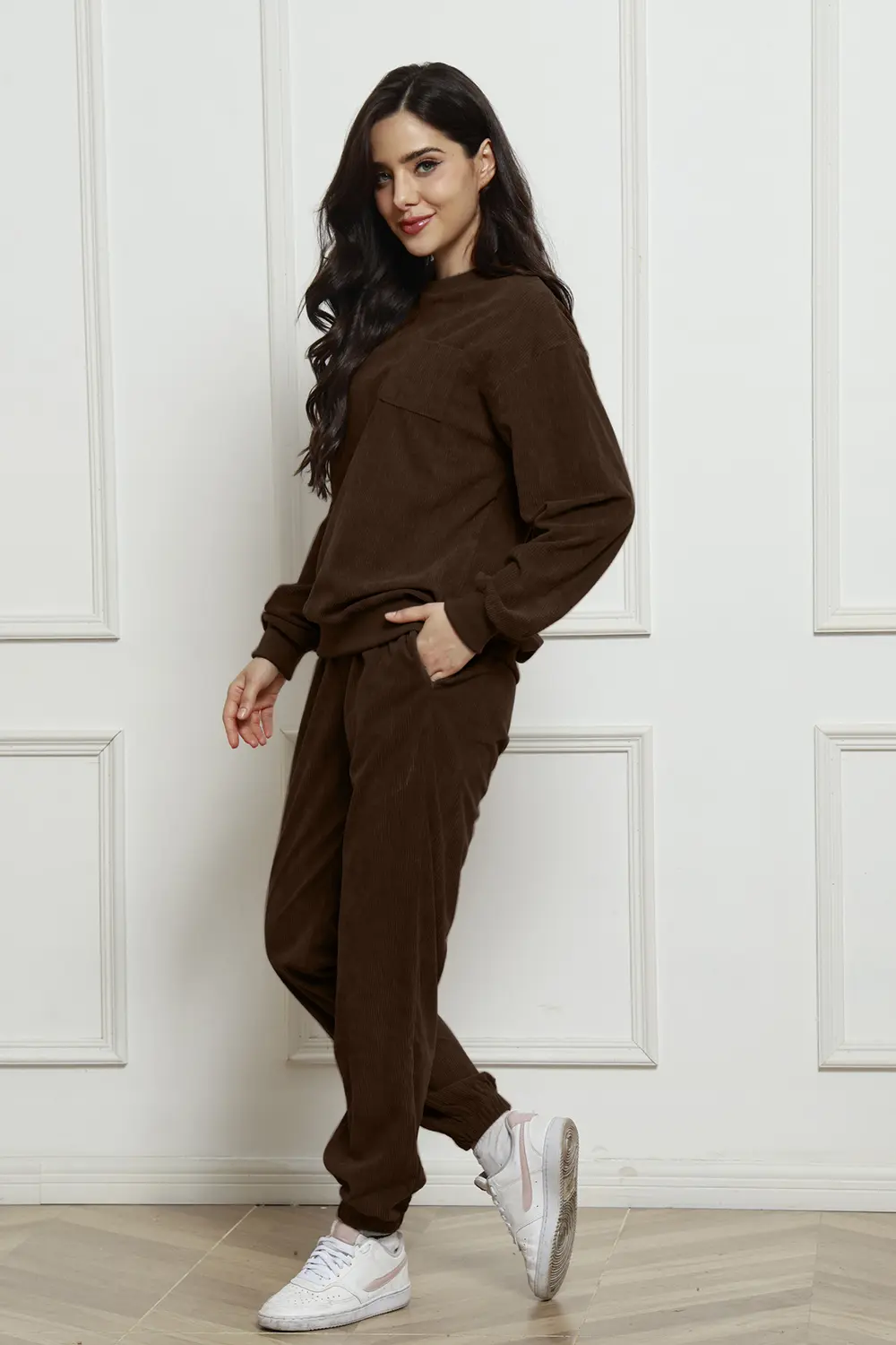 Corduroy Round Neck Sweatshirt and Sweatpants Set, image 9