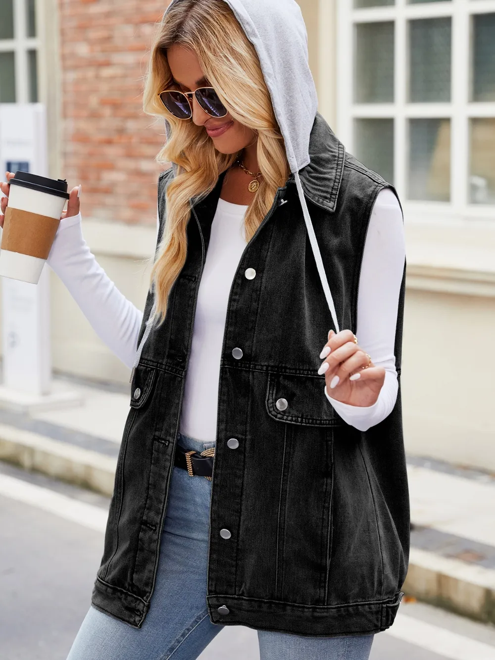 Drawstring Hooded Sleeveless Denim Jacket, image 5