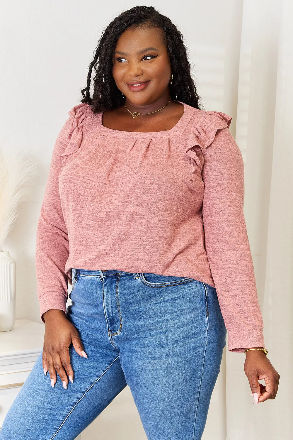 Square Neck Ruffle Shoulder Long Sleeve T-Shirt, image 4