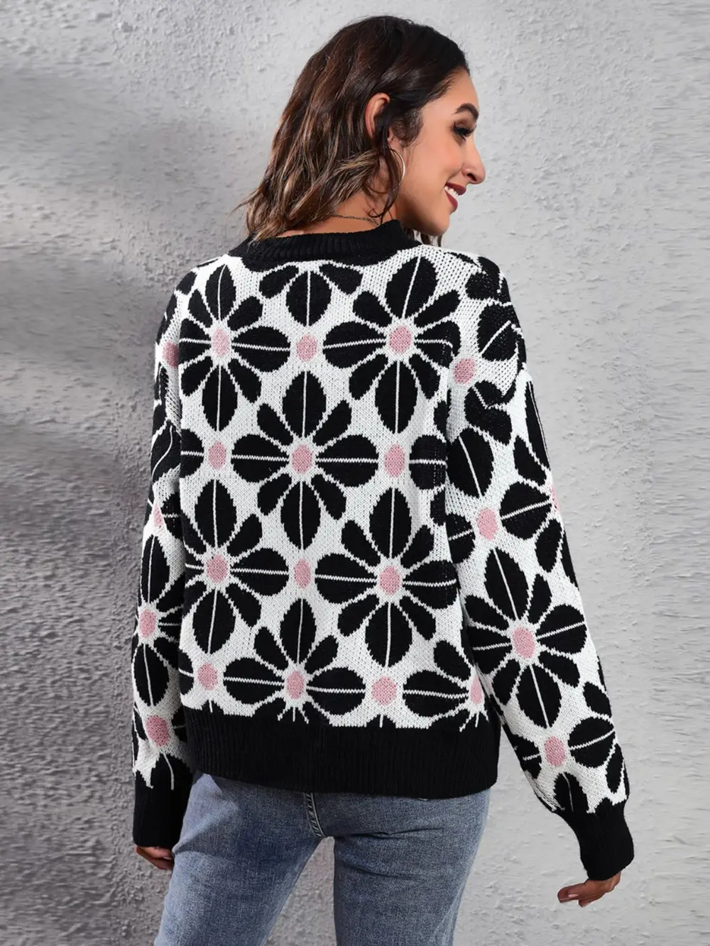 Floral Round Neck Long Sleeve Sweater, image 2