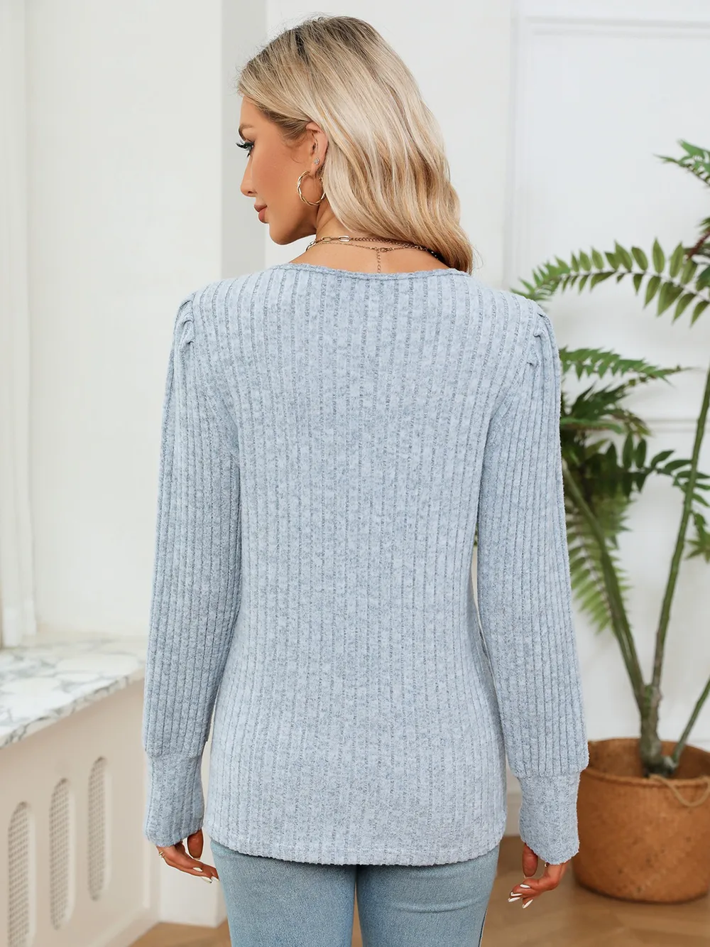 Lace Detail V-Neck Ribbed Blouse, image 4