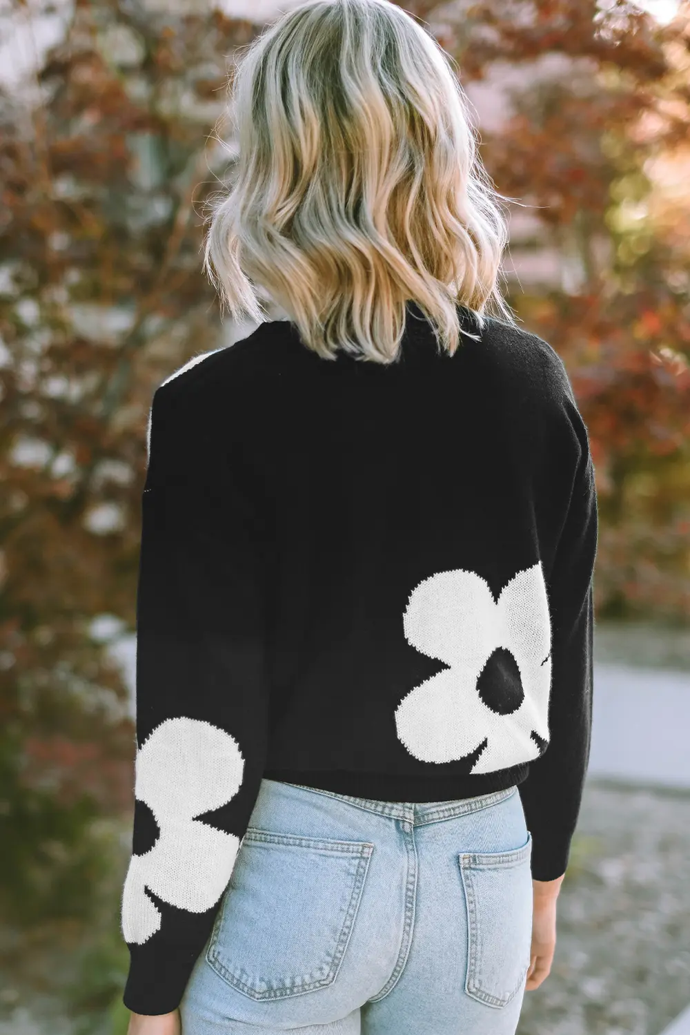 Round Neck Floral Pattern Color Contrast Design Long Sleeve Sweater, image 3