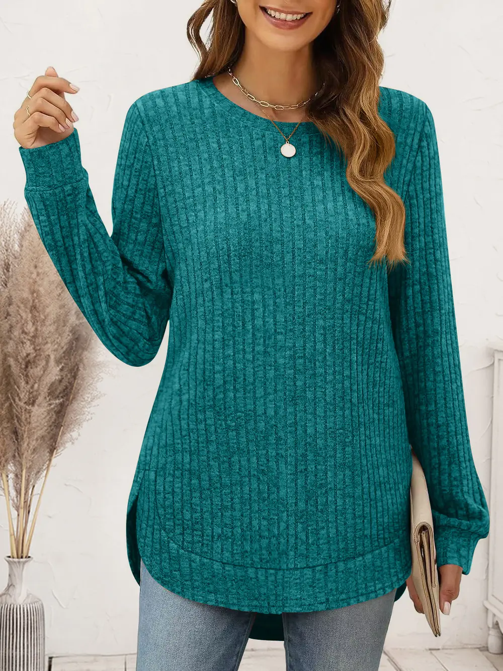 Ribbed Round Neck Long Sleeve T-Shirt, image 8