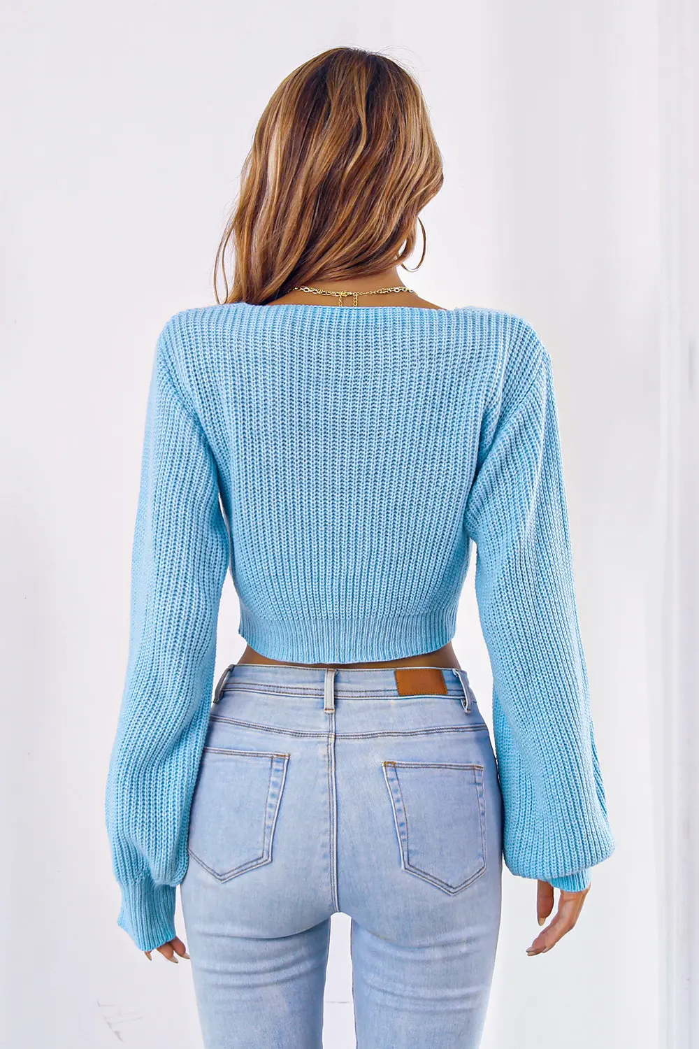 Bow V-Neck Long Sleeve Cropped Sweater, image 12