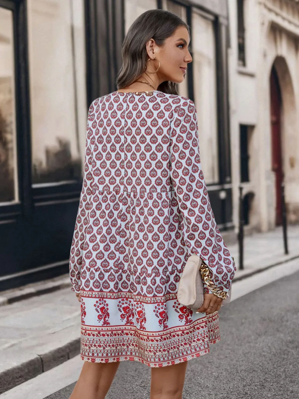 Printed Tie Neck Long Sleeve Dress, image 3
