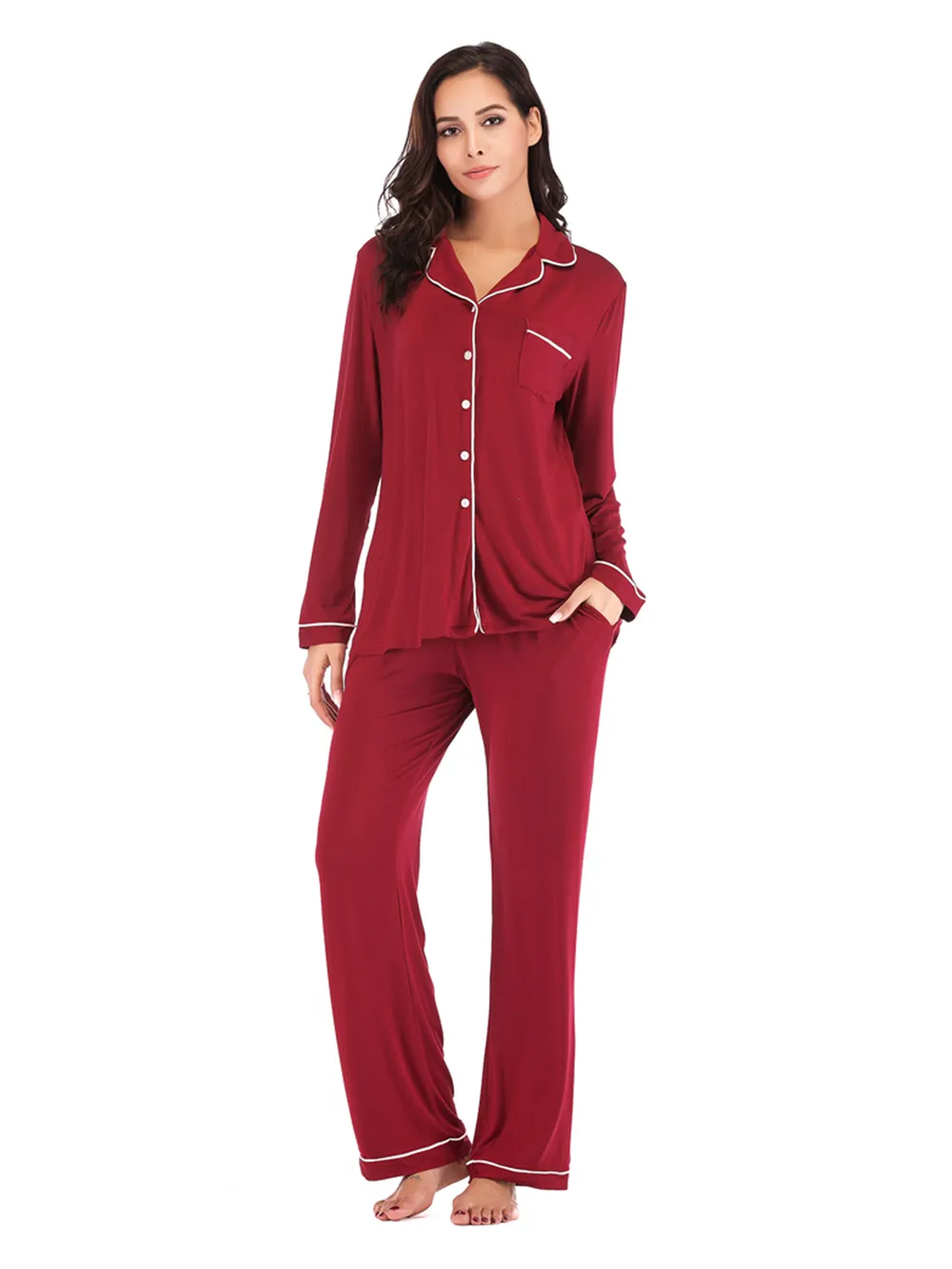 Collared Neck Long Sleeve Loungewear Set with Pockets, image 17