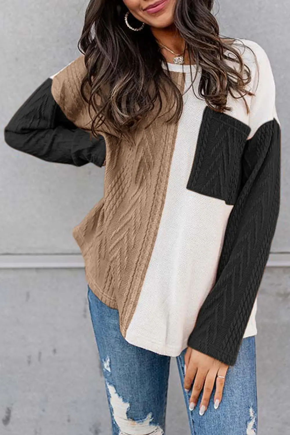 Full Size Color Block Cable-Knit Tops, image 4
