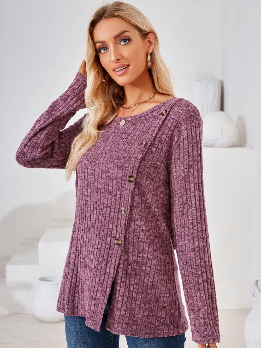 Ribbed Buttoned Round Neck Slit T-Shirt, image 4