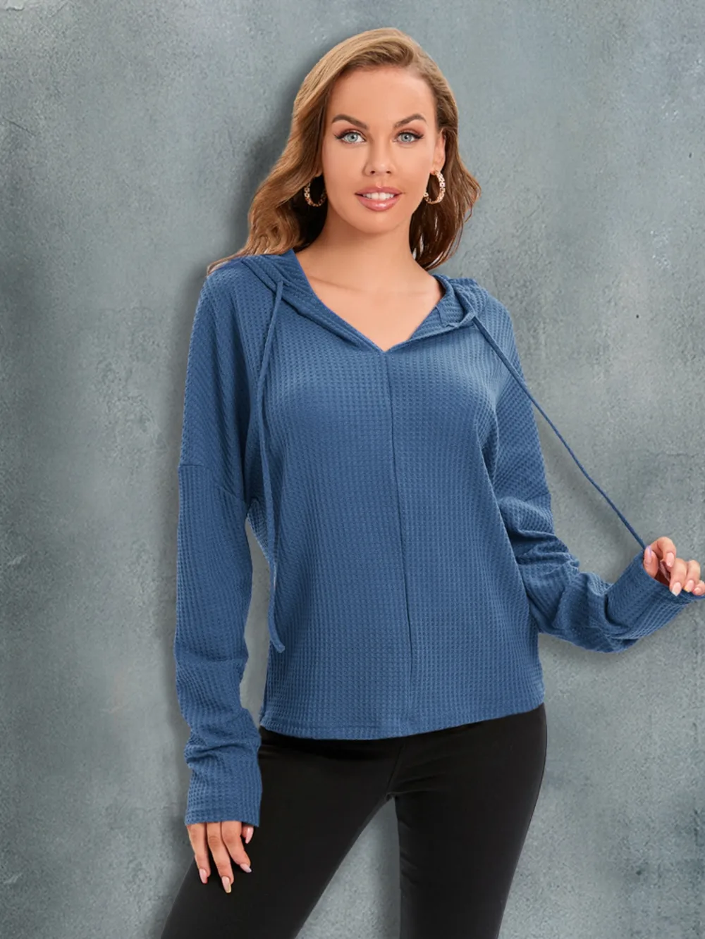 Waffle-Knit Drawstring Drop Shoulder Hoodie, image 2