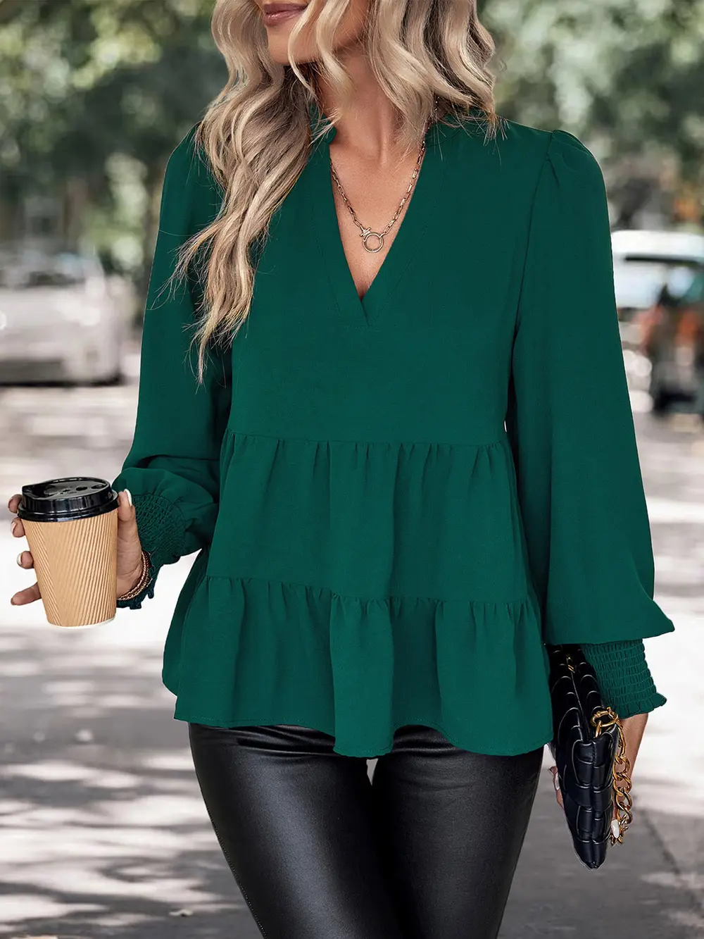 Notched Neck Lantern Sleeve Blouse, image 3