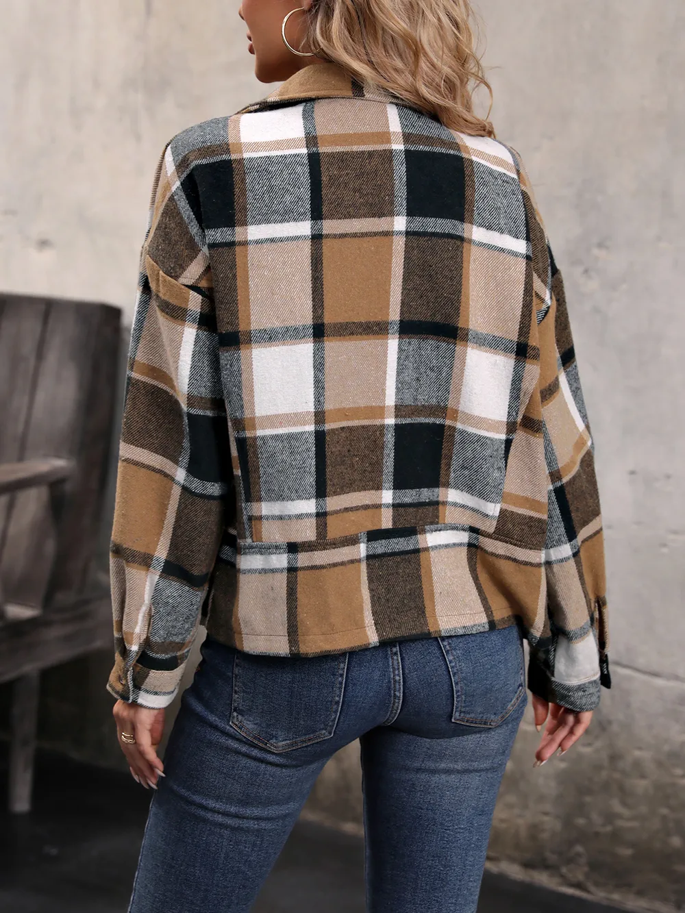 Plaid Collared Neck Long Sleeve Jacket, image 5