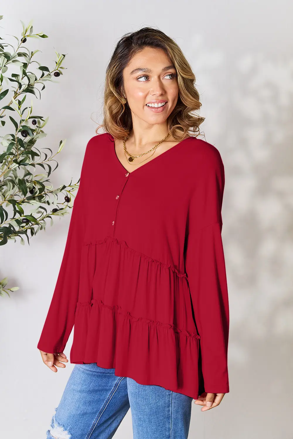 Half Button Long Sleeve Ruffle Hem Blouse, image 28