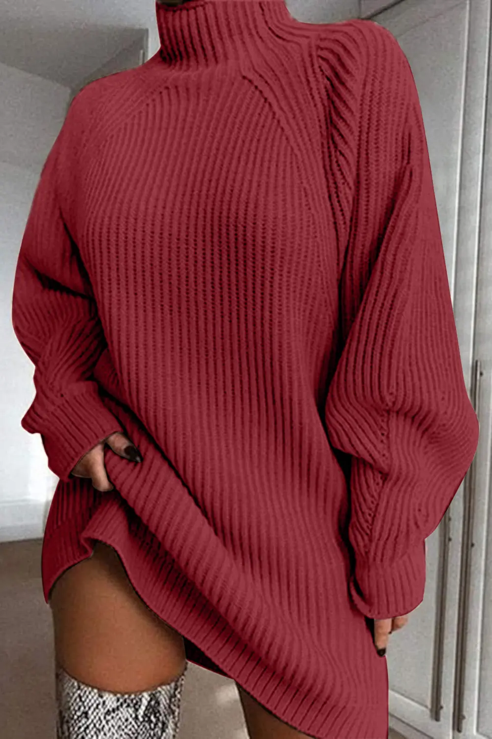 Mock Neck Dropped Shoulder Sweater Dress, image 4