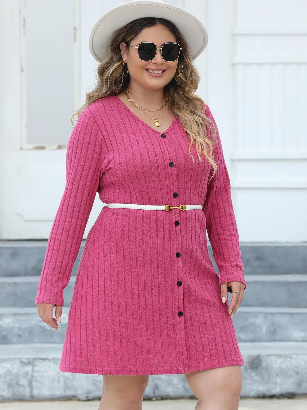 Plus Size Ribbed Buttoned V-Neck Long Sleeve Dress, image 5