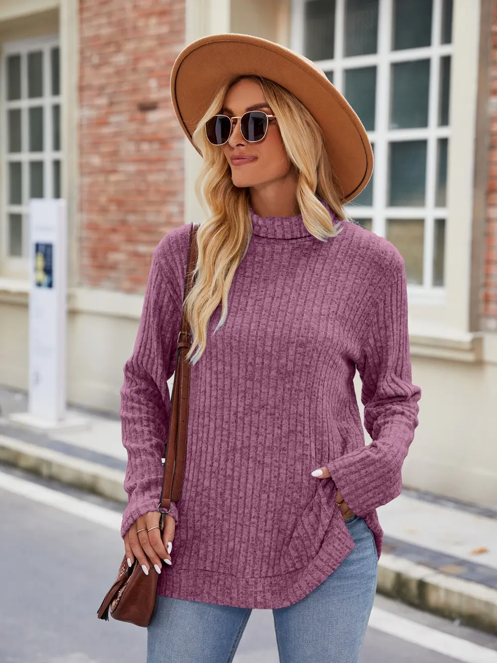 Ribbed Turtleneck Long Sleeve Slit Knit Top, image 27