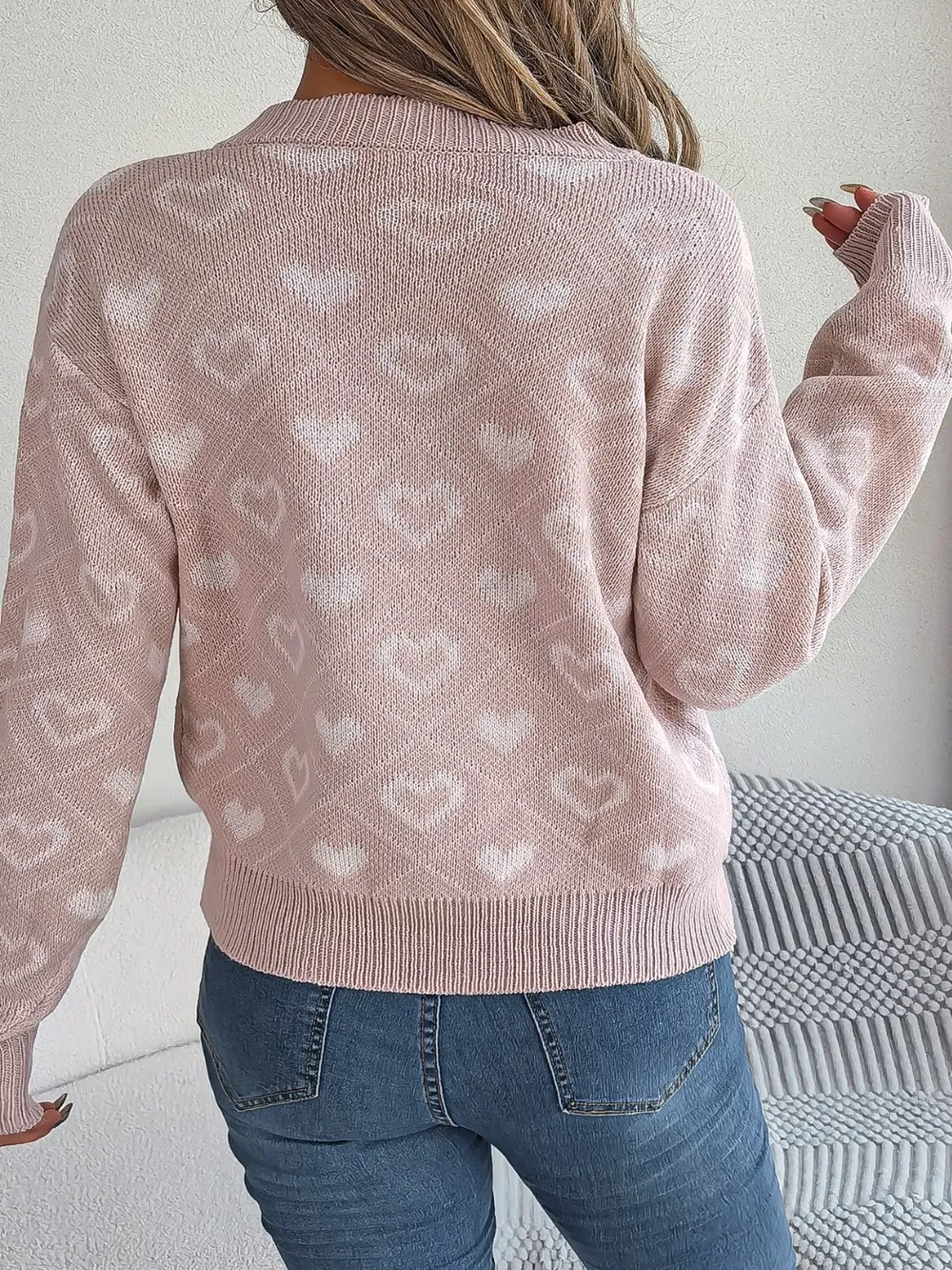 Heart Pattern V-Neck Long Sleeve Sweater, image 3
