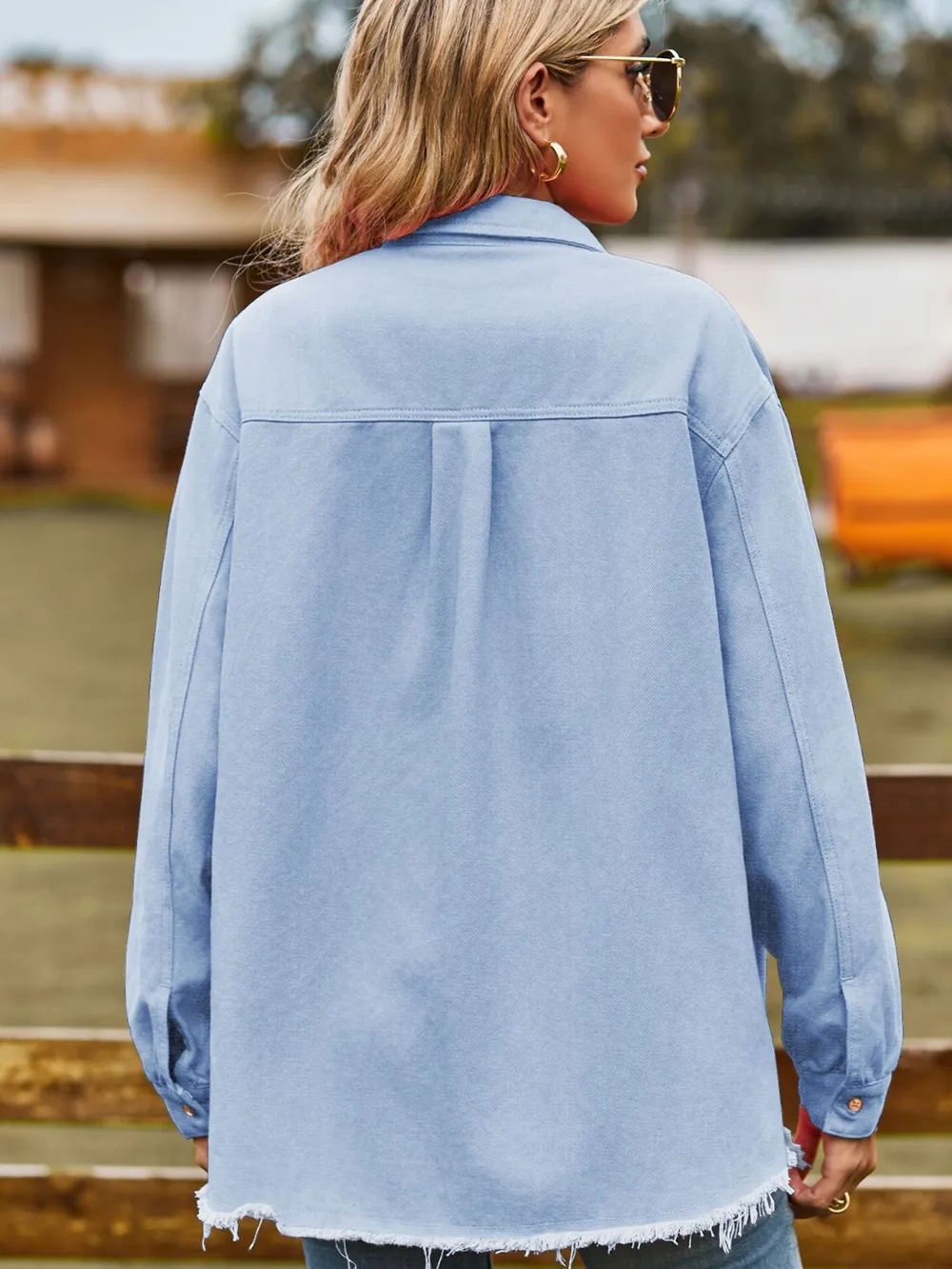 Button Up Collared Neck Raw Hem Denim Top, image 15