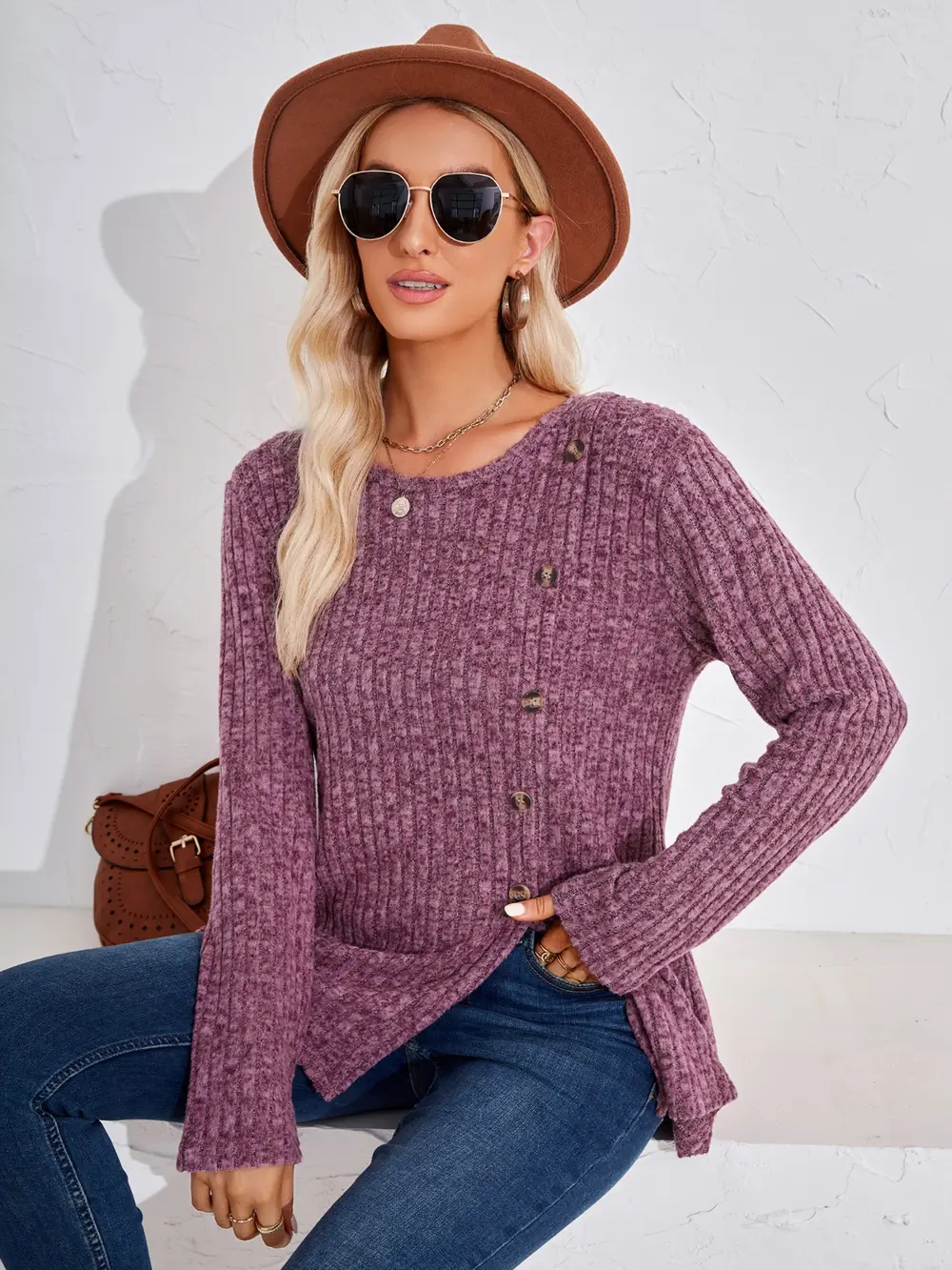 Ribbed Buttoned Round Neck Slit T-Shirt, image 6