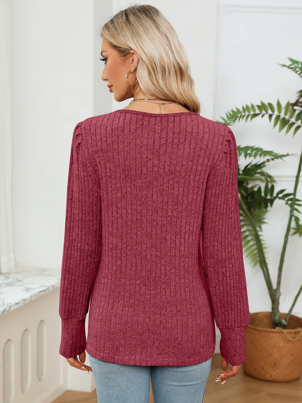 Lace Detail V-Neck Ribbed Blouse, image 9