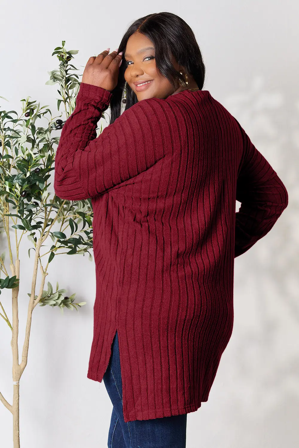 Full Size Ribbed Round Neck Long Sleeve Slit Top, image 28