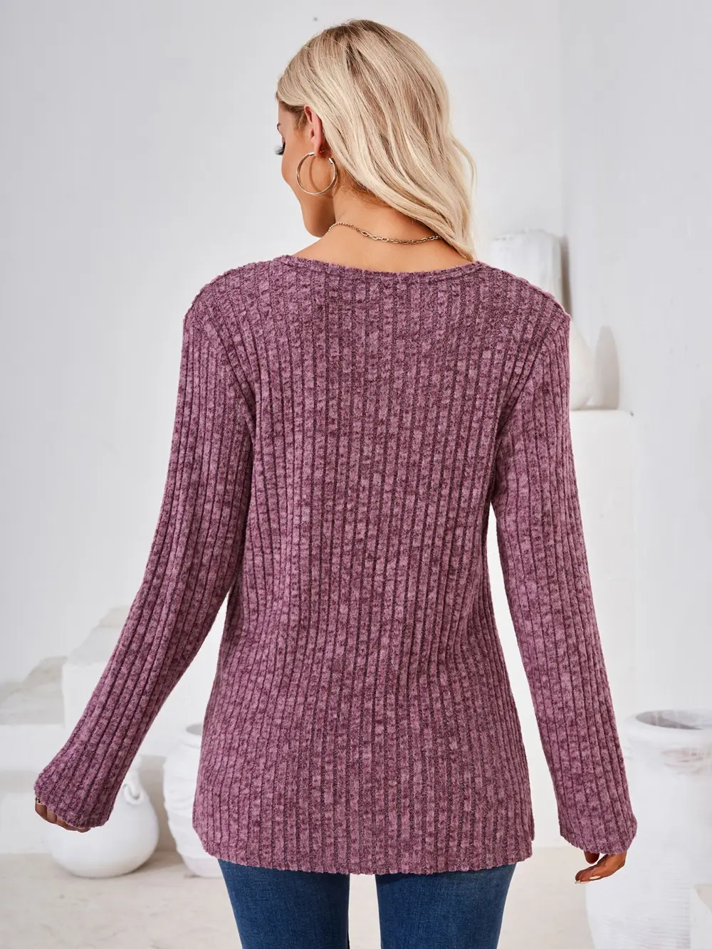 Ribbed Buttoned Round Neck Slit T-Shirt, image 3