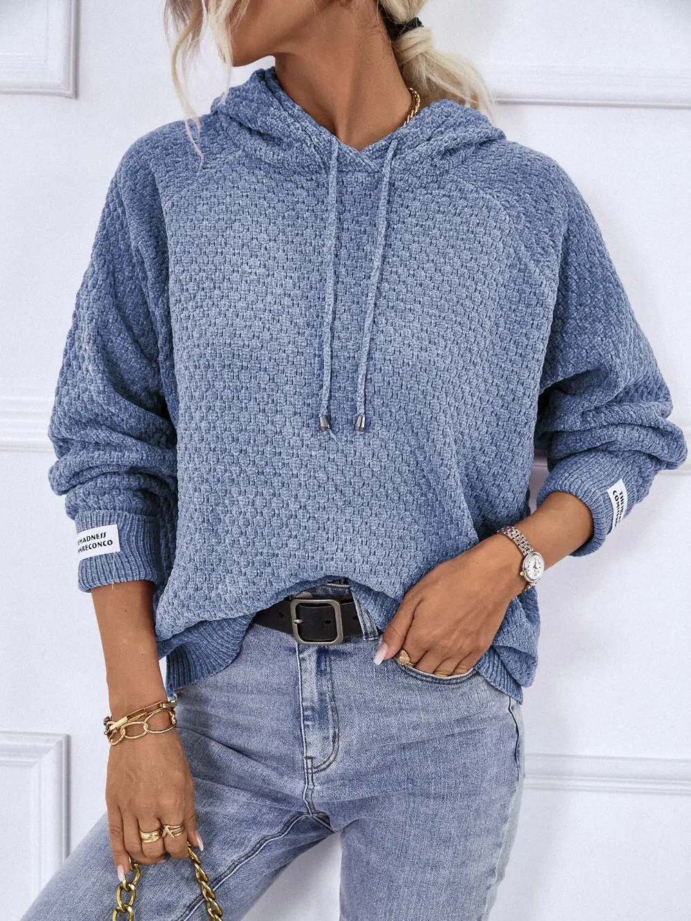 Texture Drawstring Long Sleeve Hooded Sweater, image 12