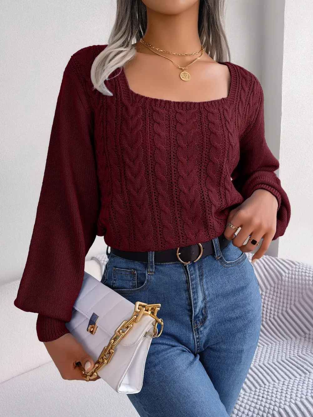 Cable-Knit Square Neck Long Sleeve Sweater, image 9