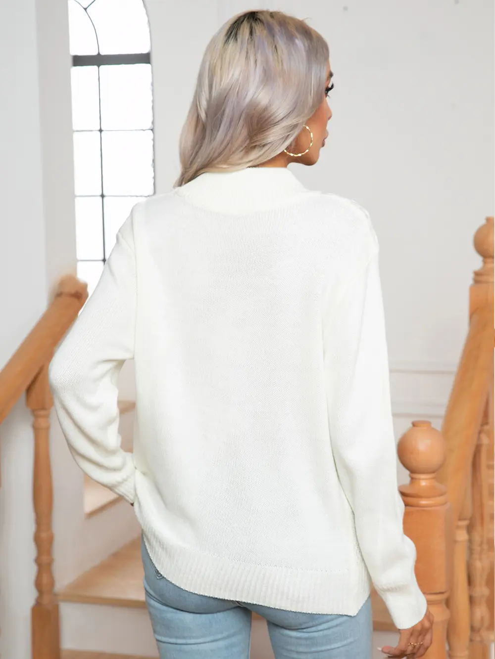 Openwork Geometric Mock Neck Sweater, image 2