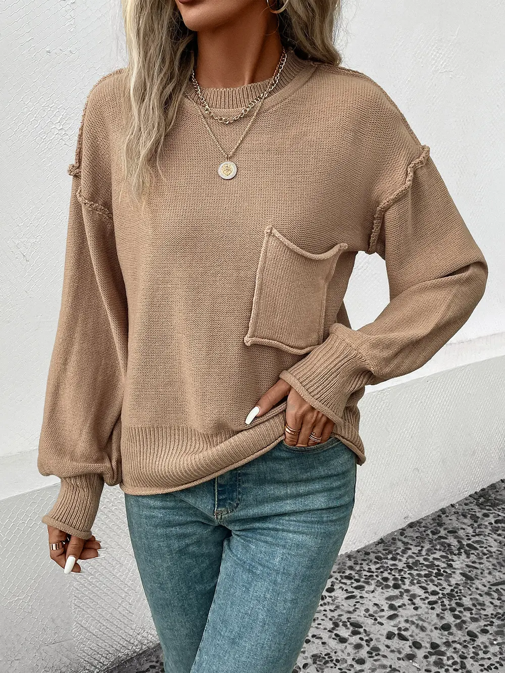 Exposed Seam Round Neck Sweater, image 4