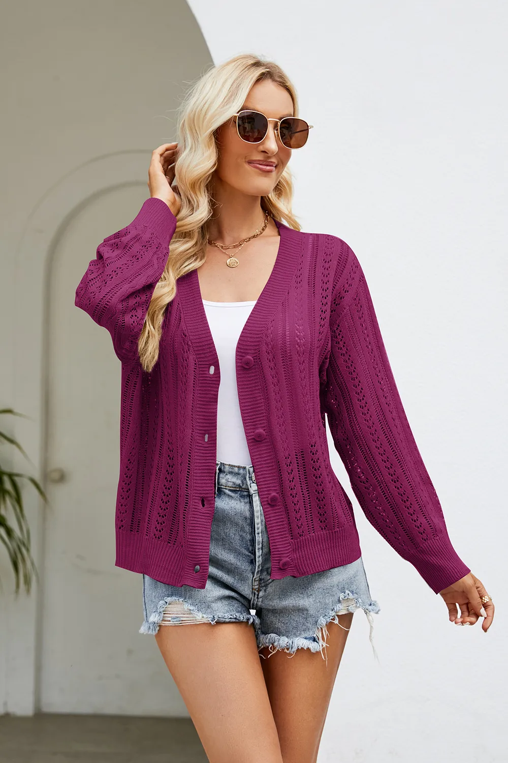 Openwork Button Front V-Neck Cardigan, image 3