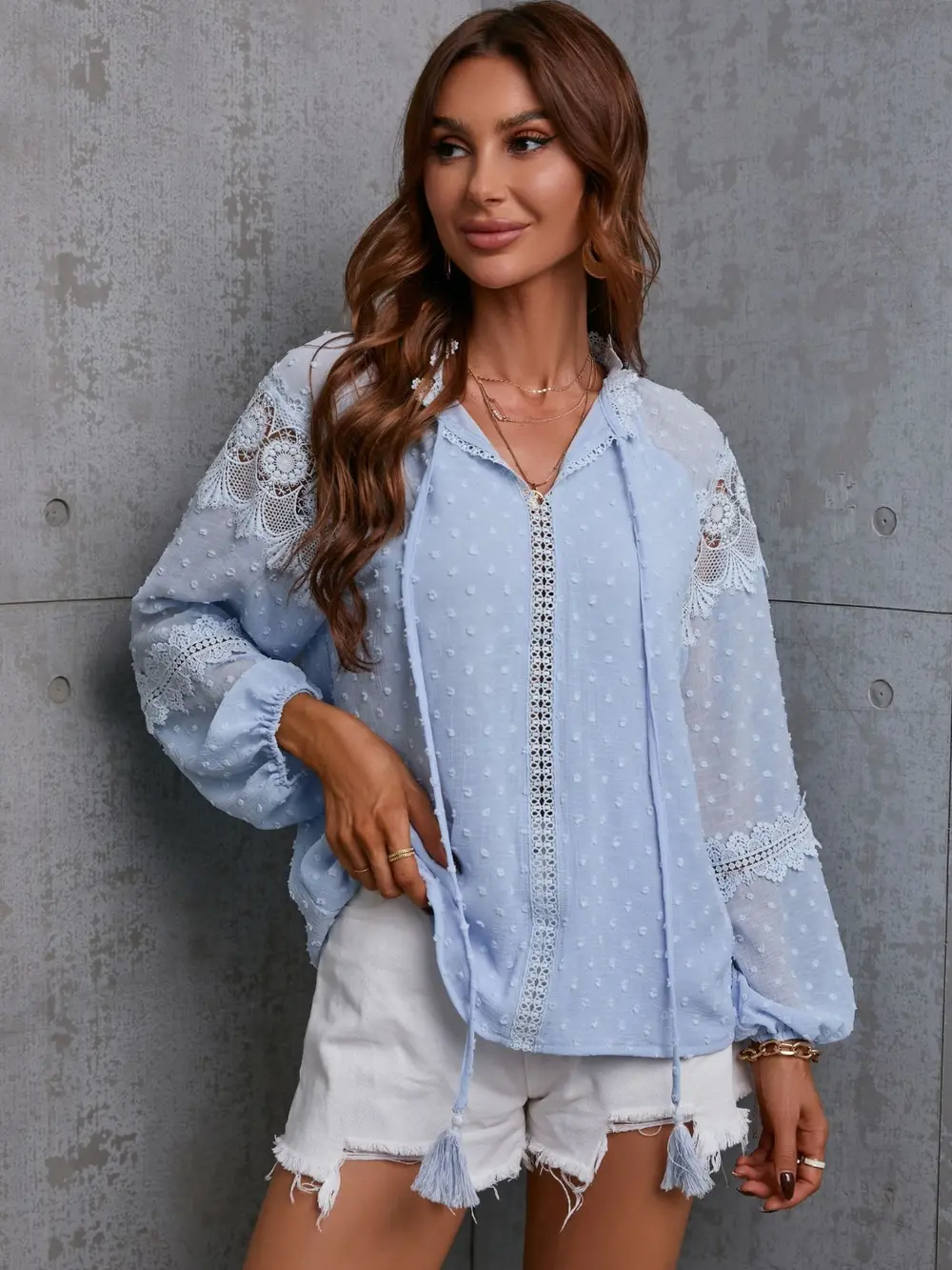 Crochet Tassel Tie Neck Long Sleeve Blouse, image 11