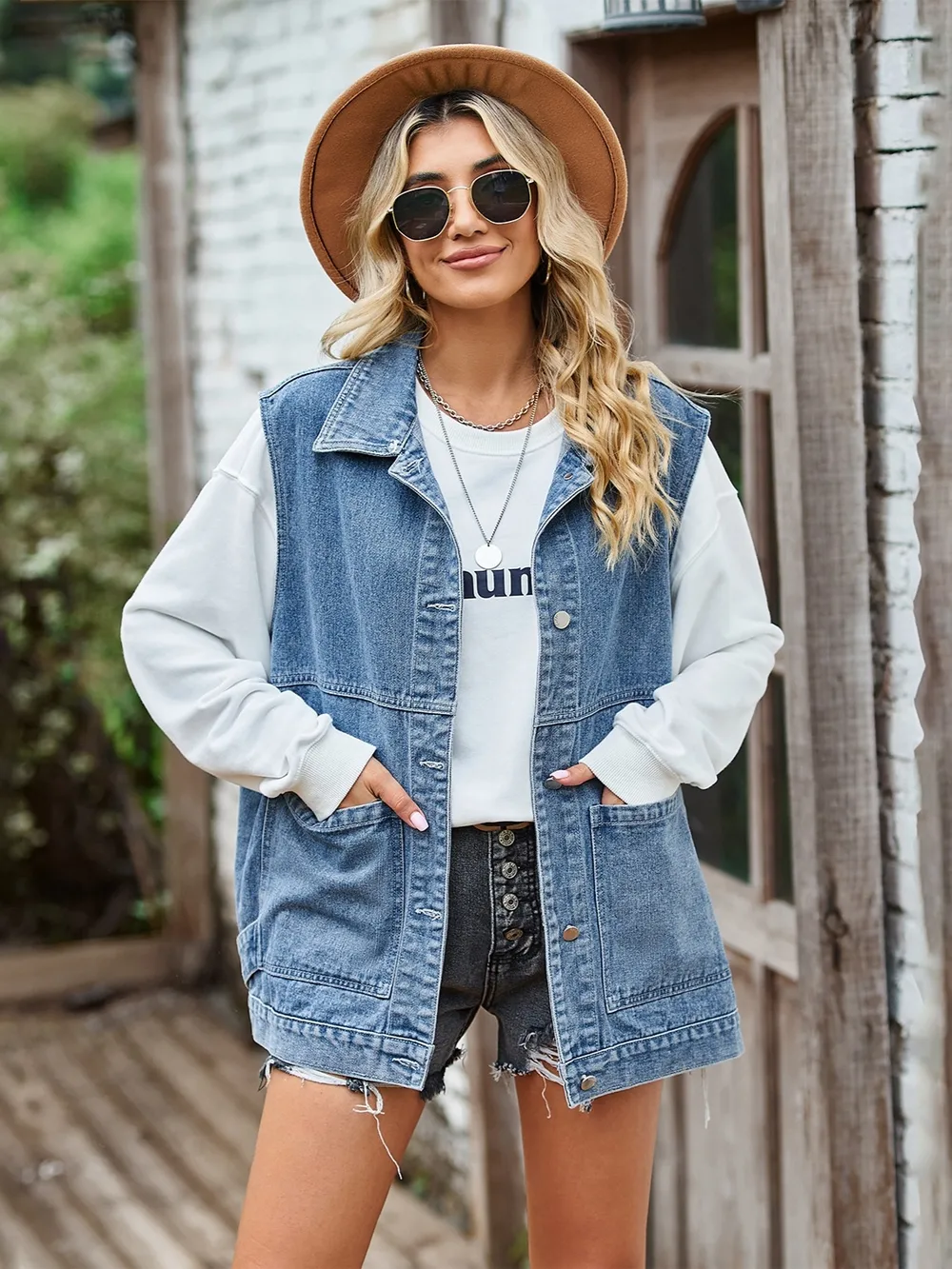 Button Front Sleeveless Denim Jacket, image 5