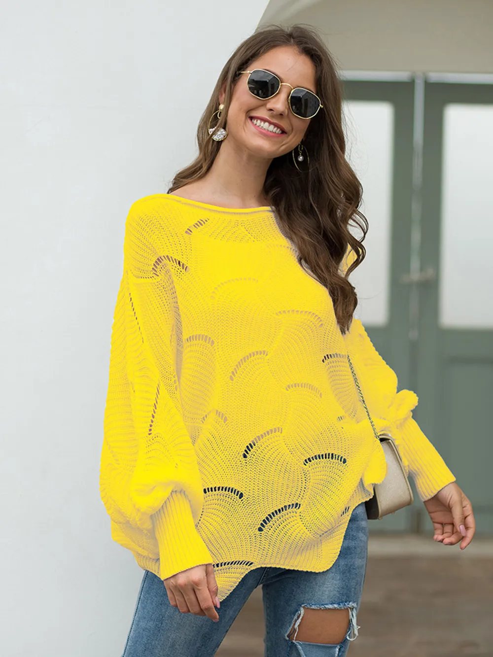 Full Size Boat Neck Lantern Sleeve Openwork Knit Top, image 6