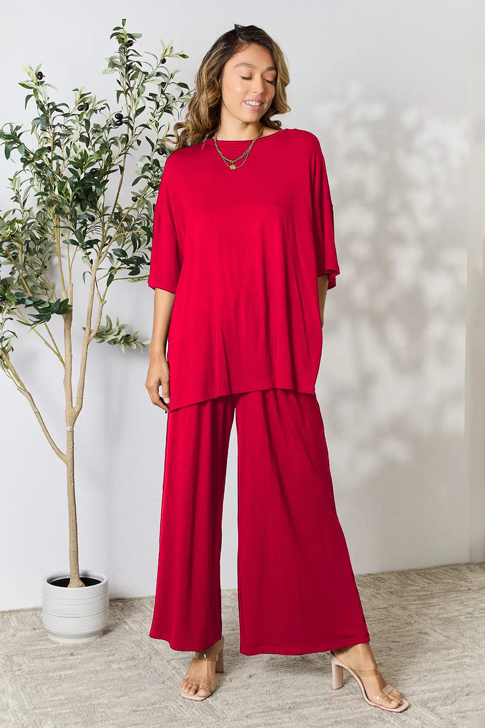 Full Size Round Neck Slit Top and Pants Set, image 26