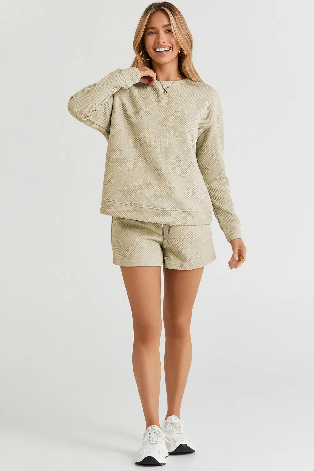 Full Size Texture Long Sleeve Top and Drawstring Shorts Set, image 16