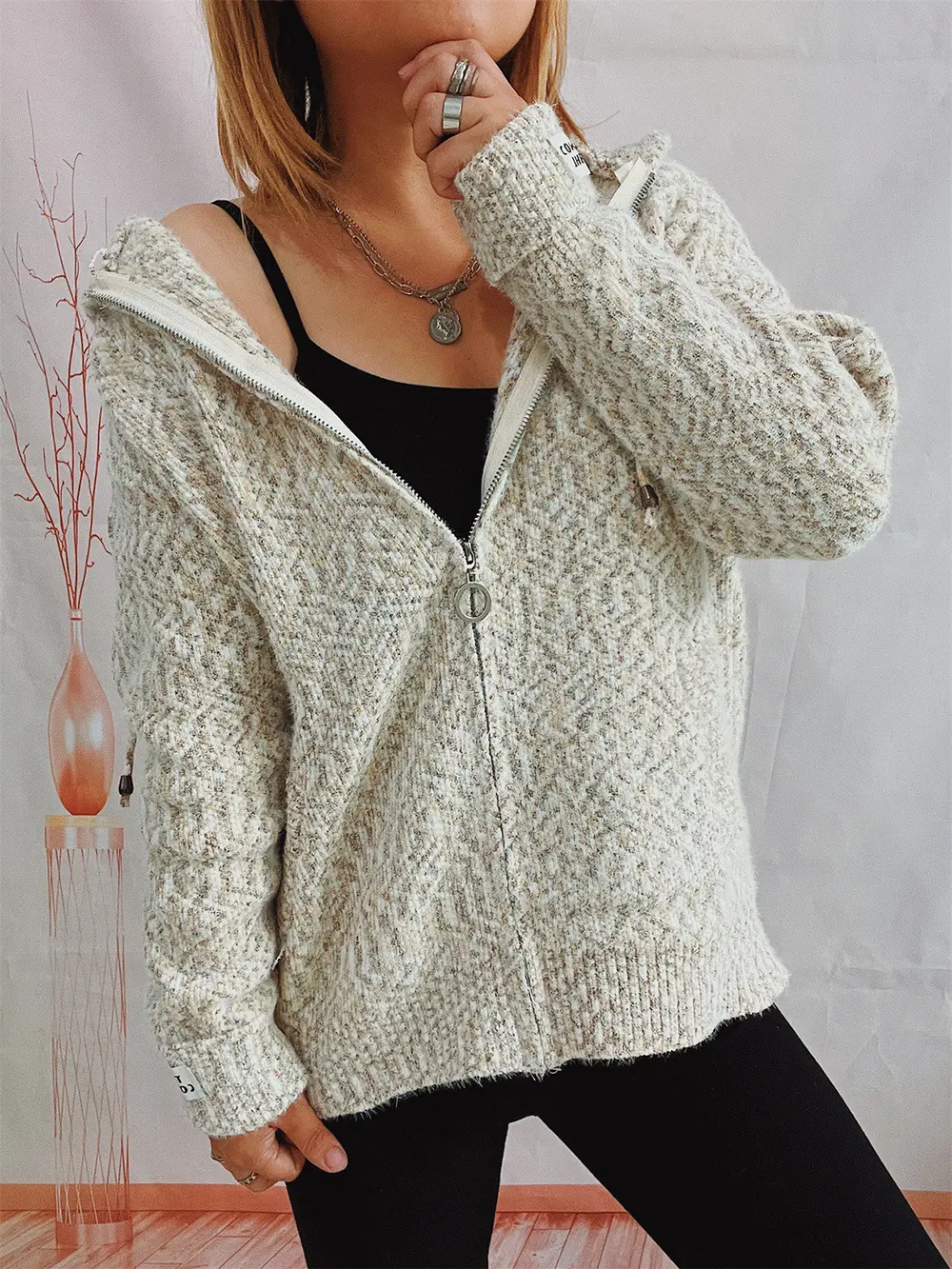 Zip Up Drawstring Long Sleeve Hooded Sweater, image 15