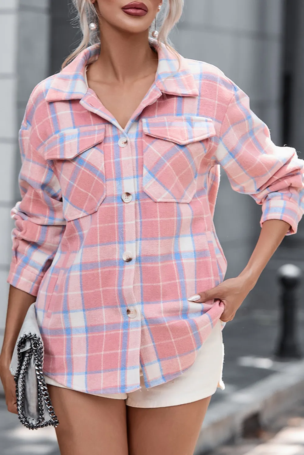 Plaid Pocketed Collared Neck Button Up Jacket, image 6