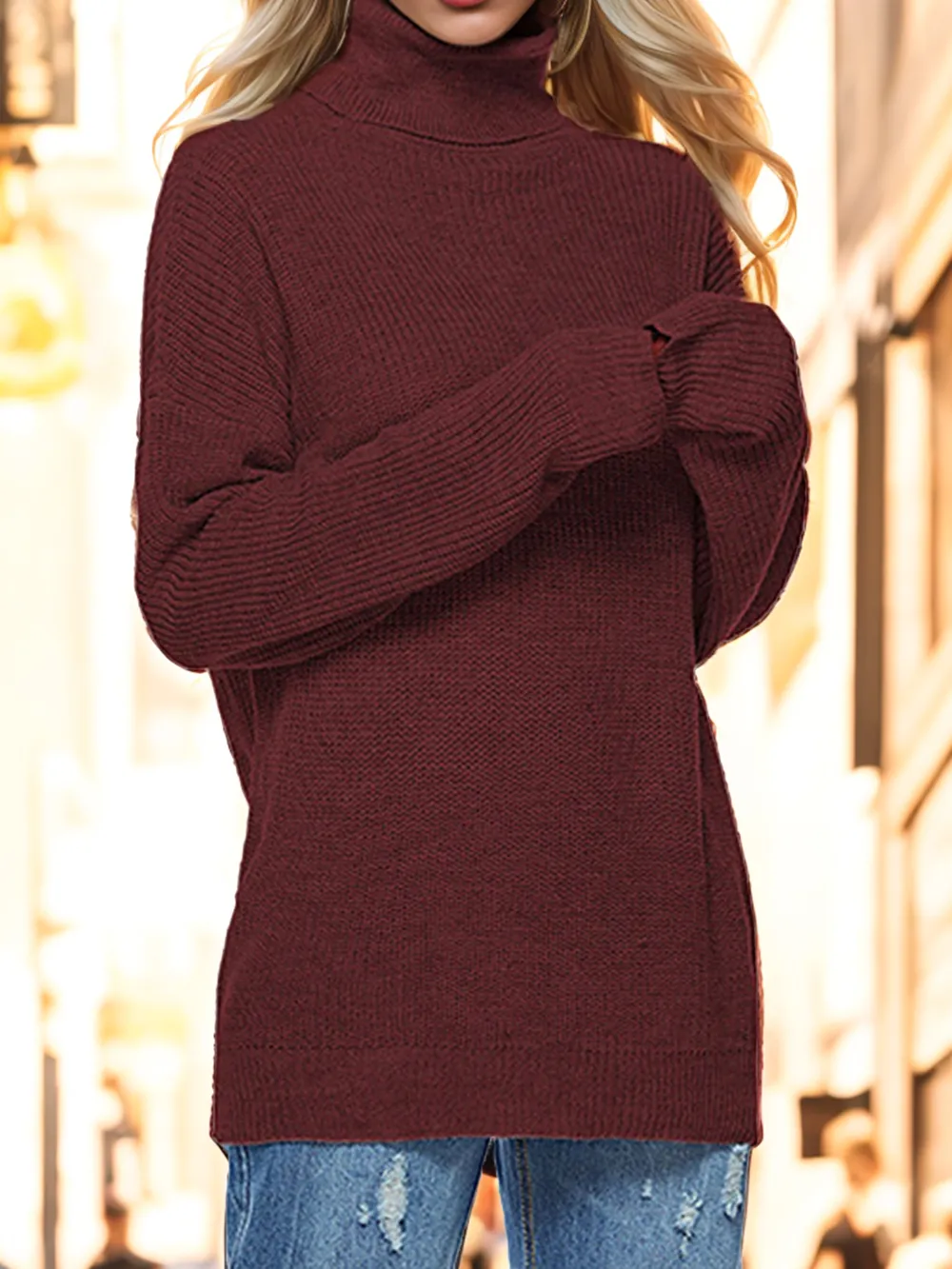 Turtleneck Drop Shoulder Long Sleeve Sweater, image 11