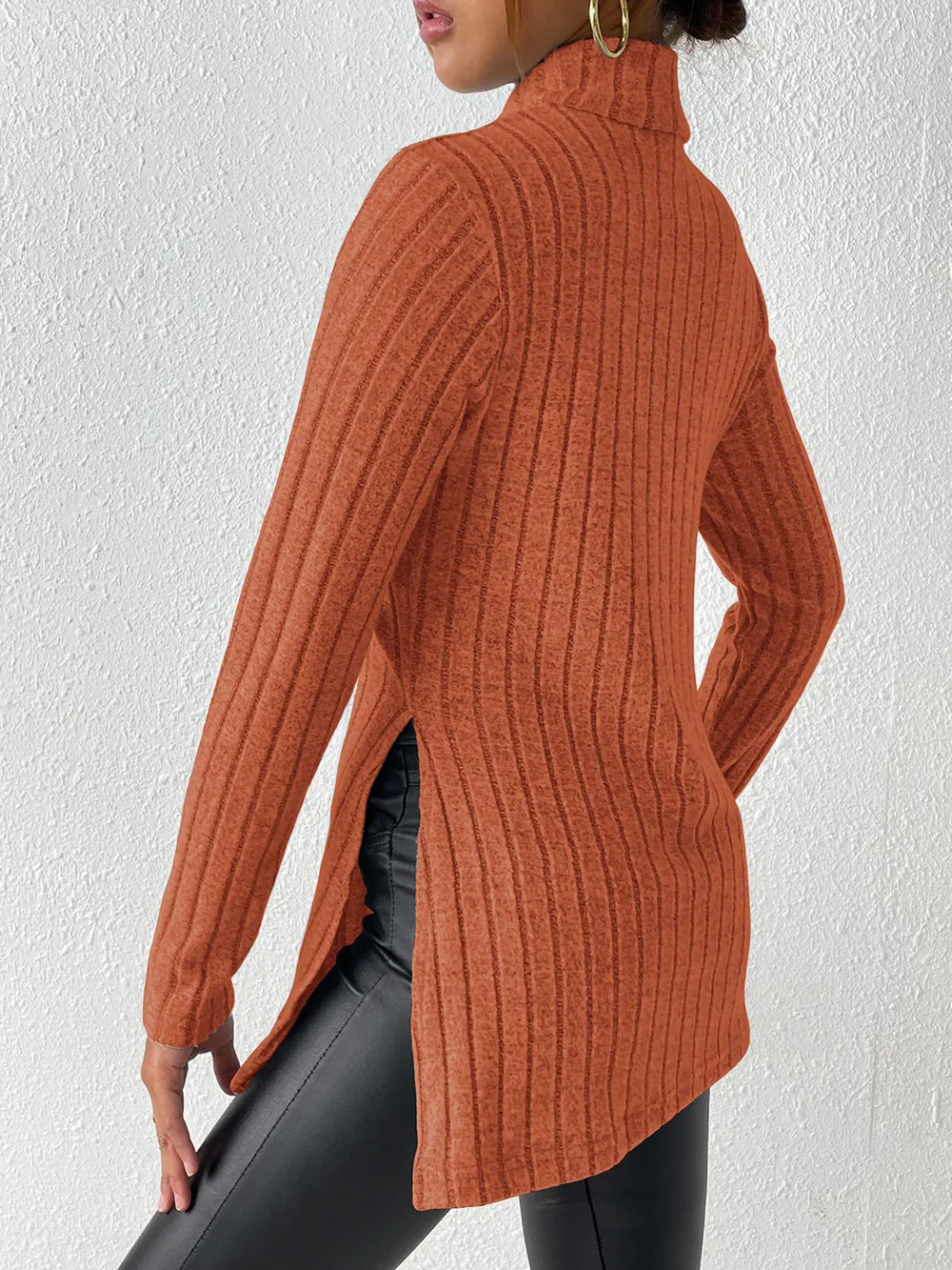Ribbed Turtleneck Long Sleeve Slit T-Shirt, image 16