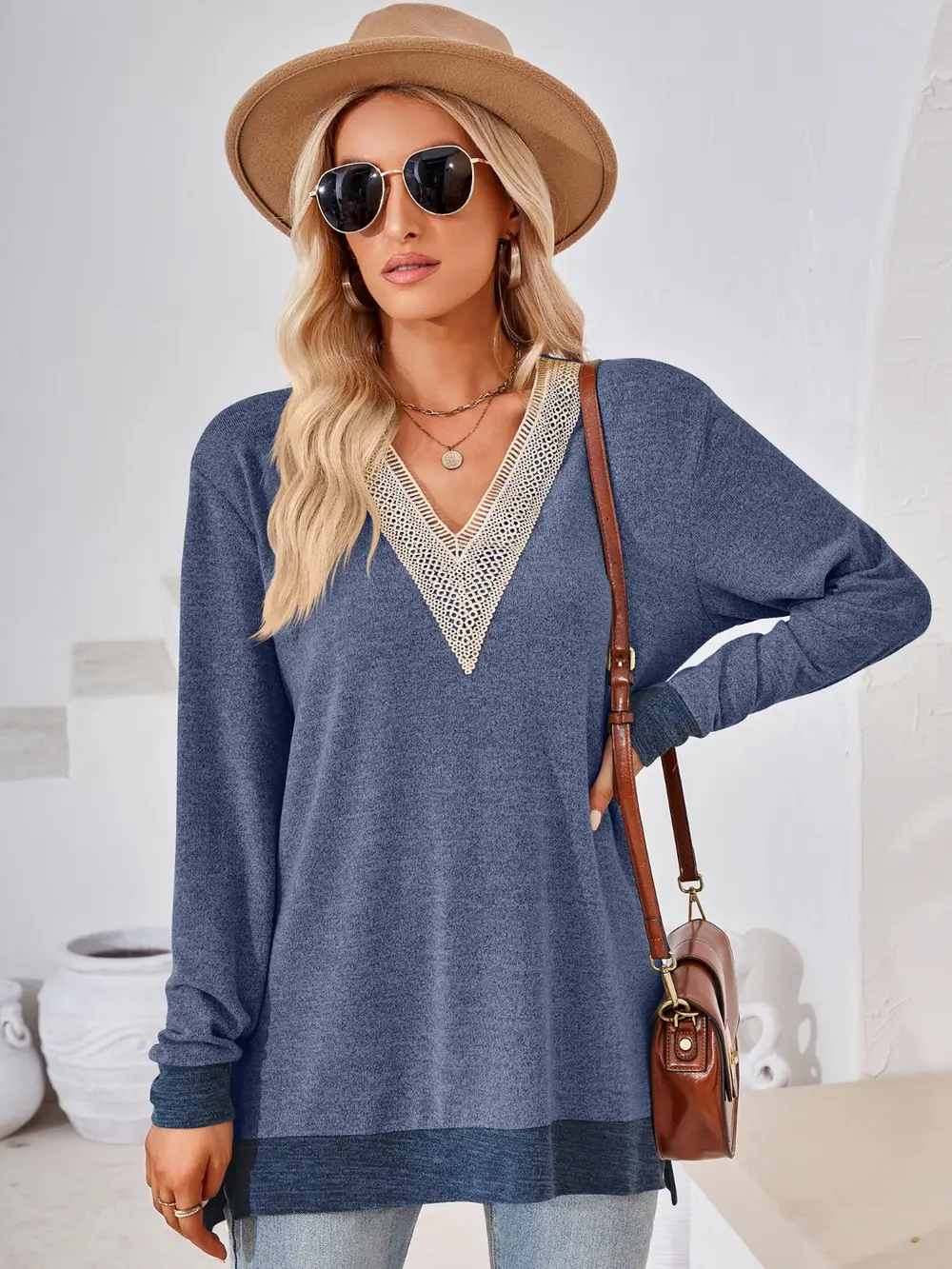 Crochet Contrast V-Neck Long Sleeve Slit T-Shirt, image 5